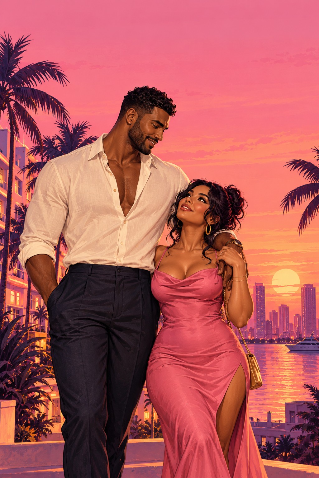 Original Miami sunset illustration of an adult tall man and a shorter woman together